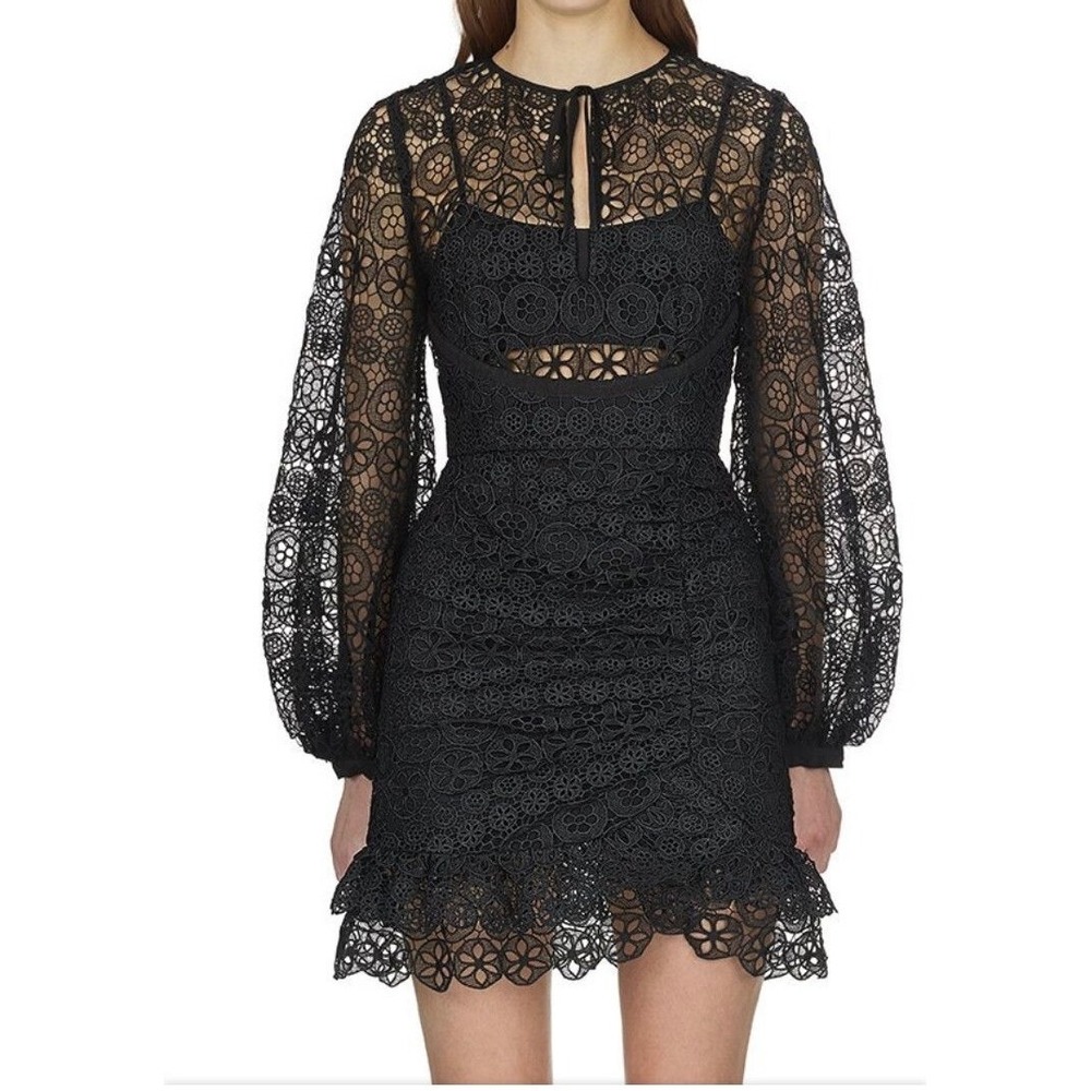 Self-Portrait Black Floral Lace Mini Dress Long Sleeve Keyhole US 6 UK 10‎